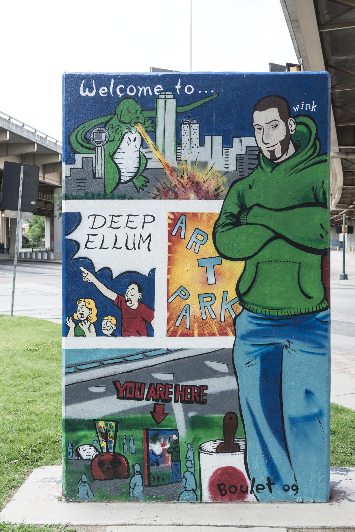 Distinctive urban art (mural: "Welcome to Deep Ellum Art Park") in Deep Ellum, a neighborhood composed largely of arts and entertainment venues near downtown in Old East Dallas, Texas