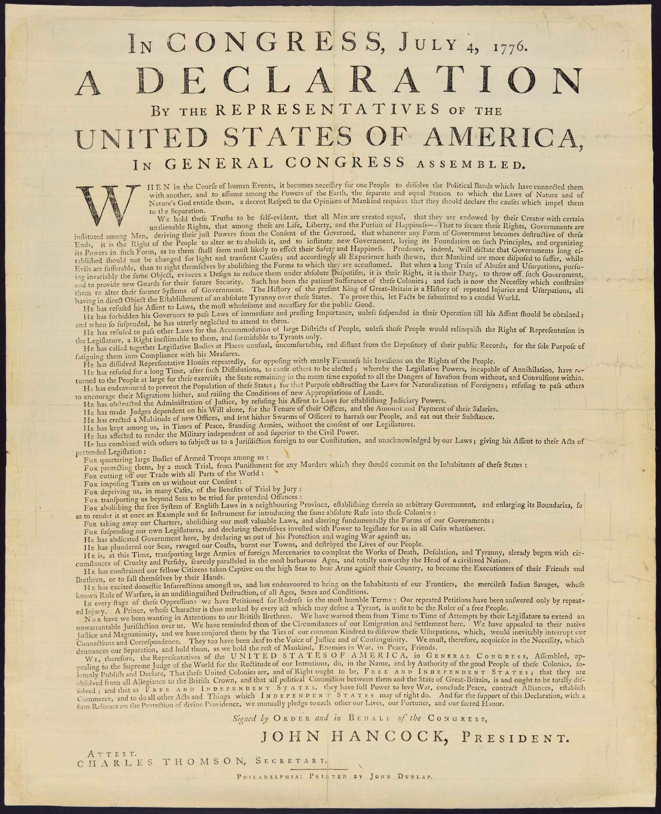 Dunlap Broadside — first printing of the Declaration of Independence, July 4-5, 1776