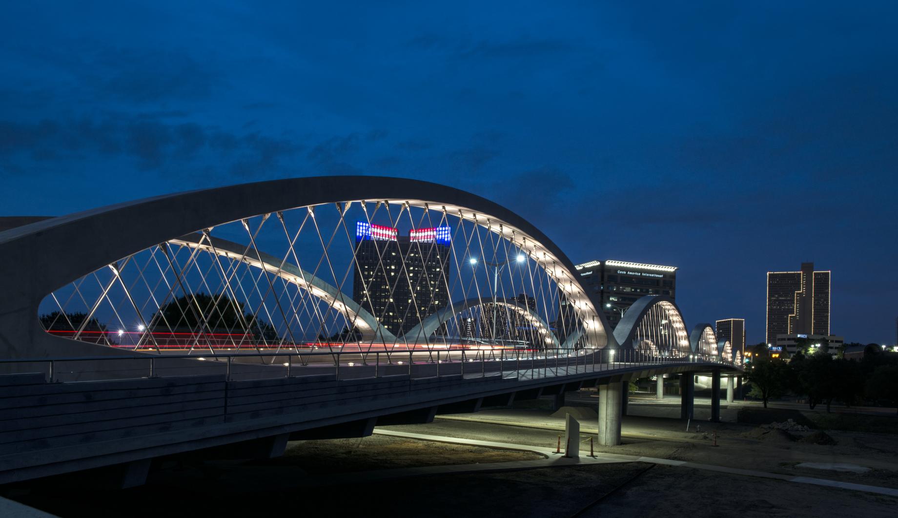 Dusk view of a portion of the Fort Worth, Texas, skyline, taken from the new Seventh Street Bridge, a 2013 replacement for a long-standing bridge over the Trinity River