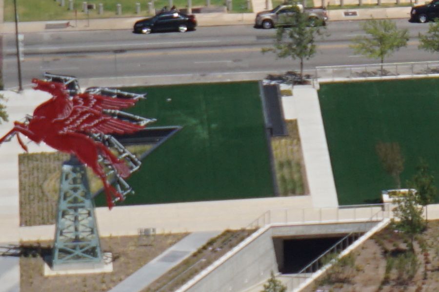 The original 1934 Flying Red Horse on the Omni's lawn (aerial detail)