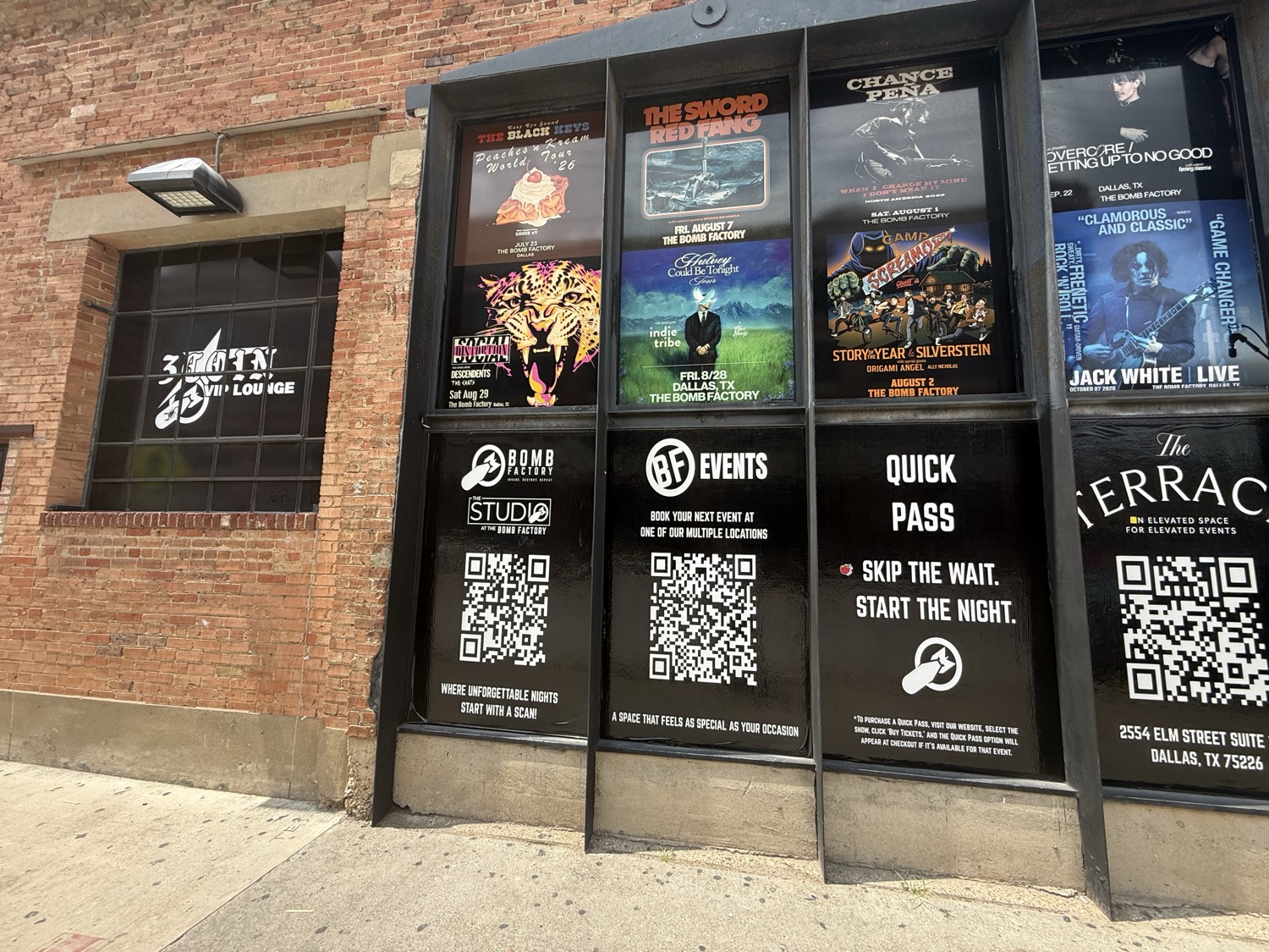 The Factory / Bomb Factory — marquee window (2554 Elm)