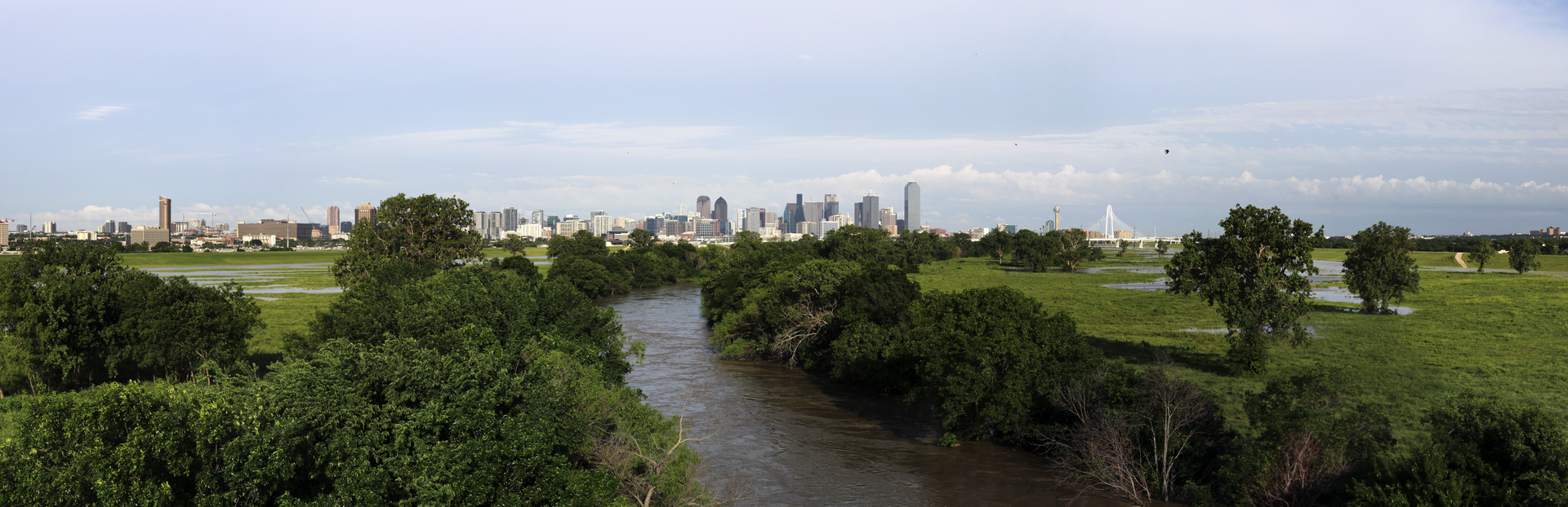 Dallas Texas skyline overlooking the Trinity River in spring 2024
